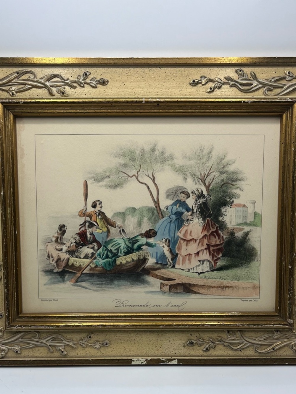 Source Unknown Gold Framed Pastoral Print with Blue, Pink, Green Accents